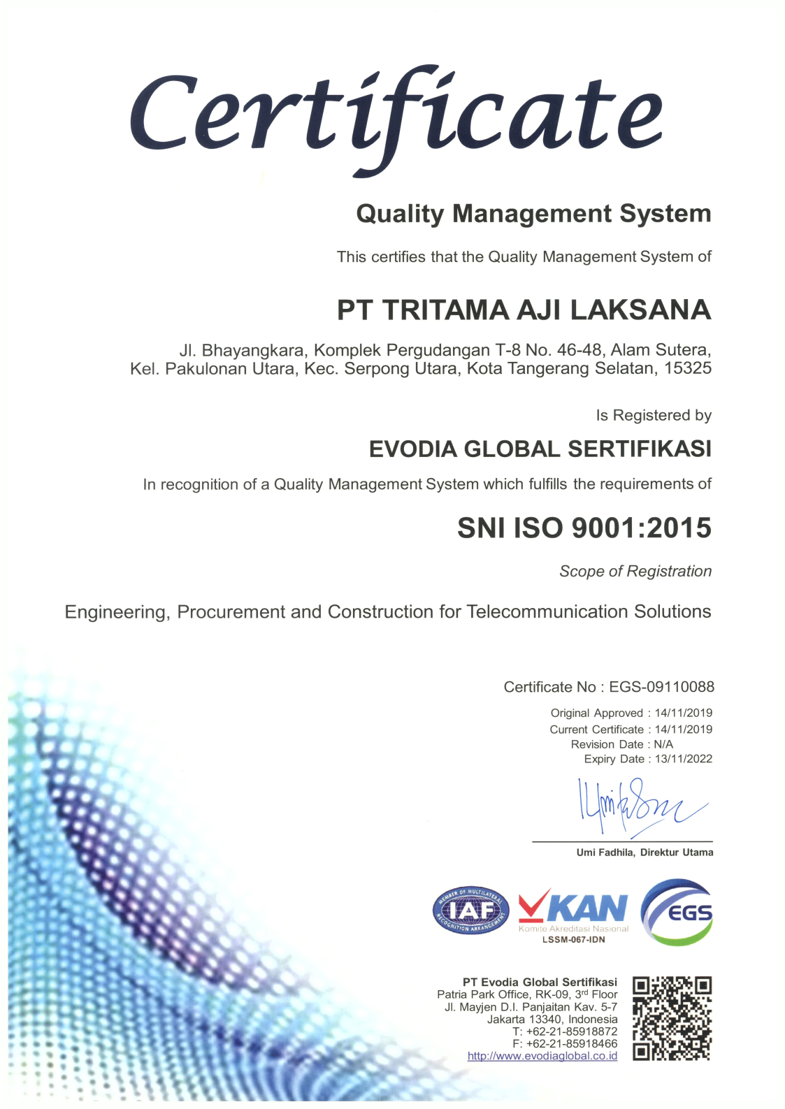 Certificate Quality Management System - ISO 9001:2015